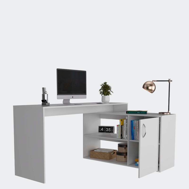 Fm Furniture Dallas L-shaped Home Office Desk, Two Shelves, One Drawer In White