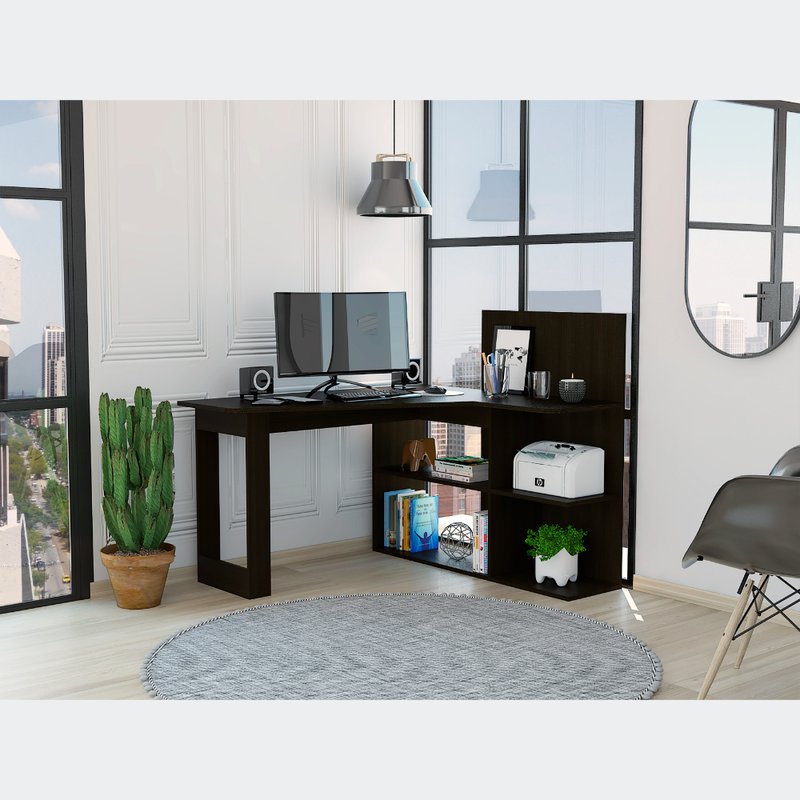 Fm Furniture Fresno L-shaped Computer Desk, Four Shelves In Black