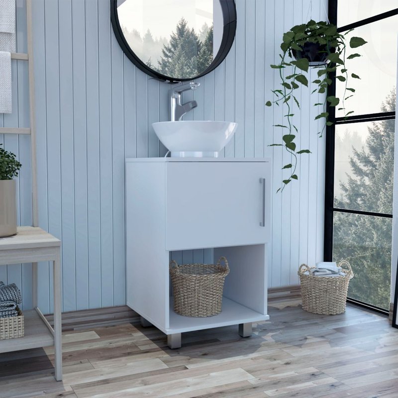 Fm Furniture Malibu Single Bathroom Vanity, Single Door Cabinet, One Open Shelf In White