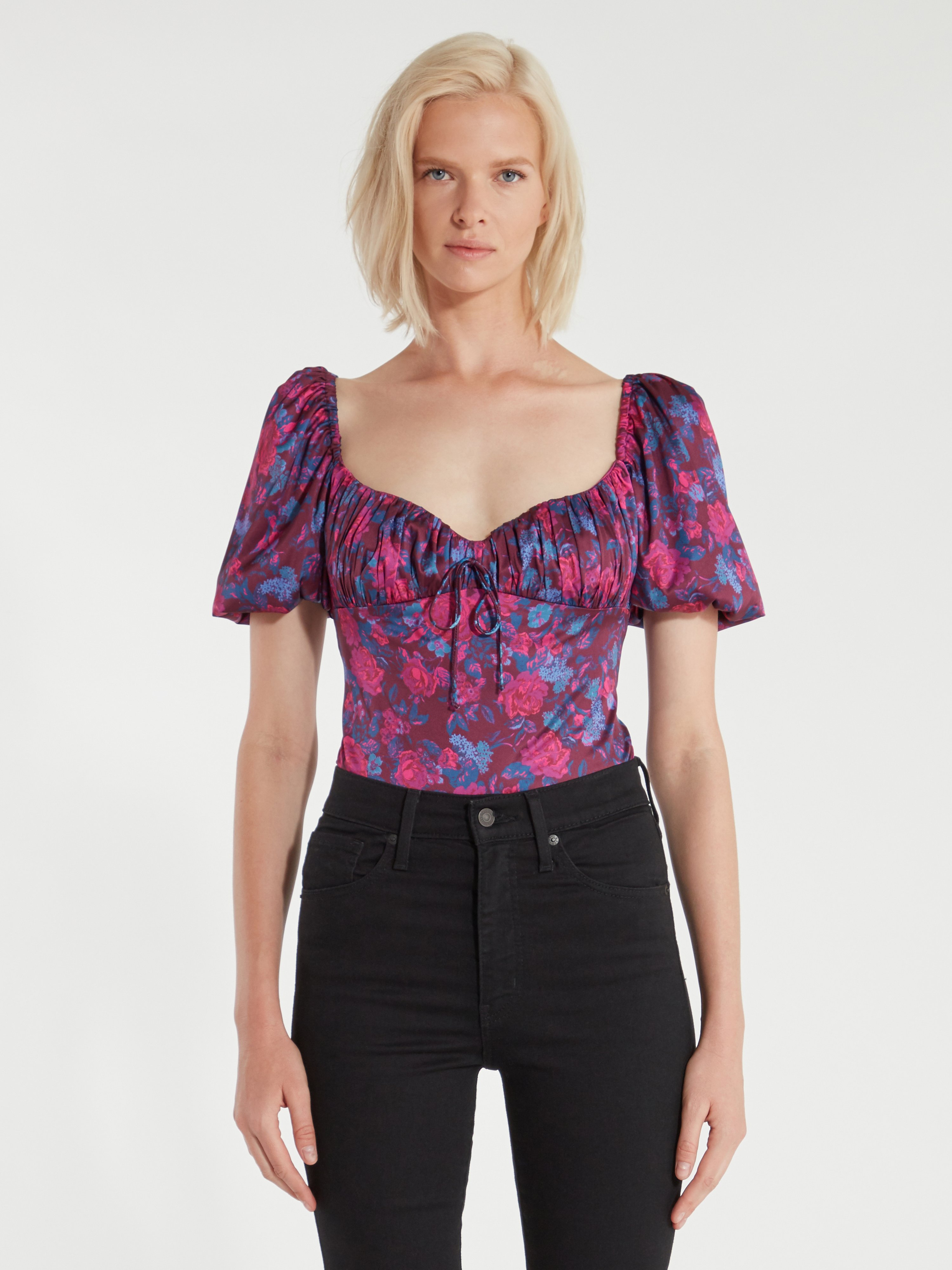 For Love & Lemons Pixie Puff Sleeve Ruched Bodysuit In Tinsel Floral