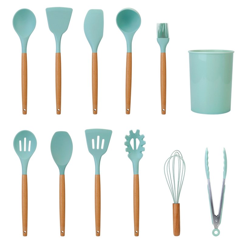 Shop Fresh Fab Finds 11-piece Silicone Cooking Utensil Set With Heat-resistant Wooden Handle In Green