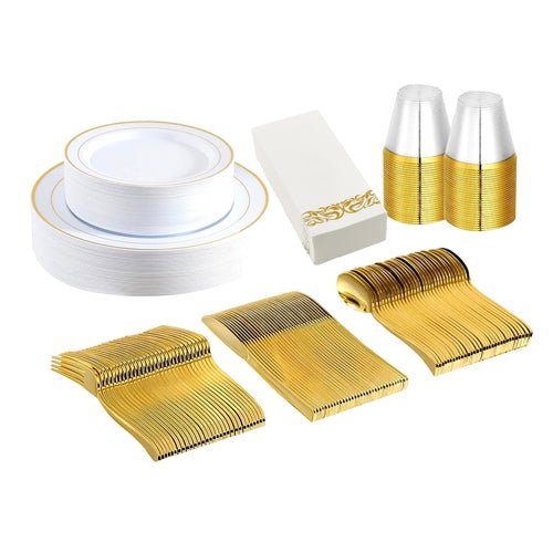 Shop Fresh Fab Finds 175pcs Disposable Gold Dinnerware Set Gold Rim Plastic Plates Cups Fork Spoon Knife Paper Napkins Fo