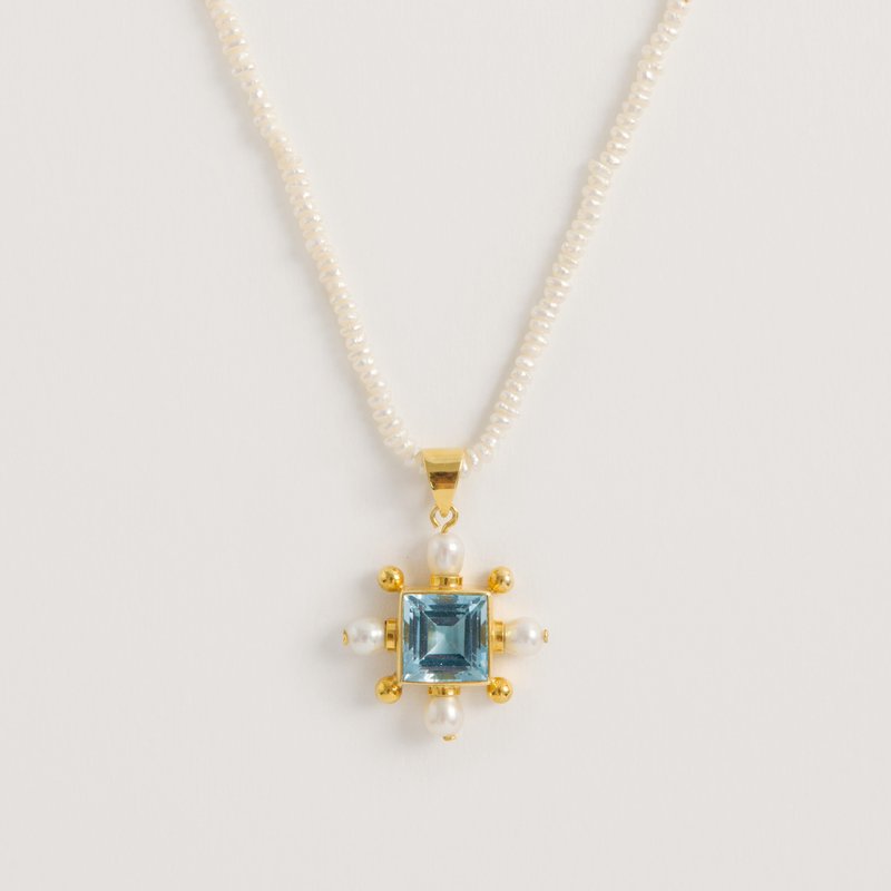 Freya Rose Seed Pearl Necklace With Blue Topaz Cross Pendant In Gold