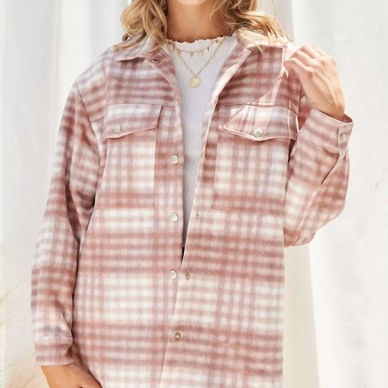 Shop Fsl Apparel Snap Button Down Plaid Suede Shacket In Pink