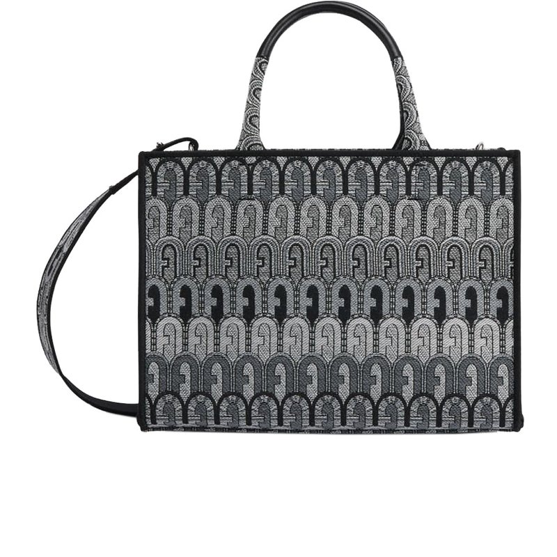 Shop Furla Women Opportunity Tote Leather Canvas Bag Toni Grigio In Black