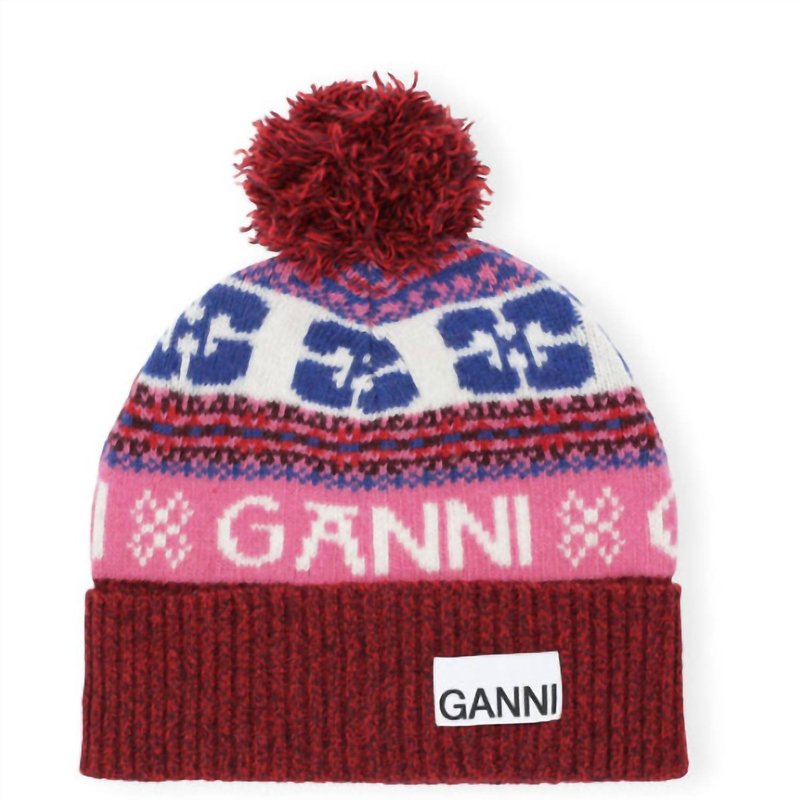 Shop Ganni Graphic Wool Beanie In Multi In Red