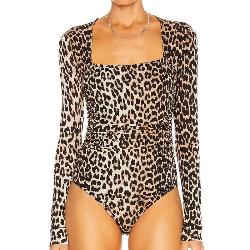 Ganni Long Sleeve Bodysuit In Leopard In Brown