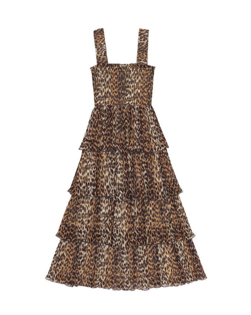 Shop Ganni Pleated Georgette Flounce Smock Midi Dress In Brown