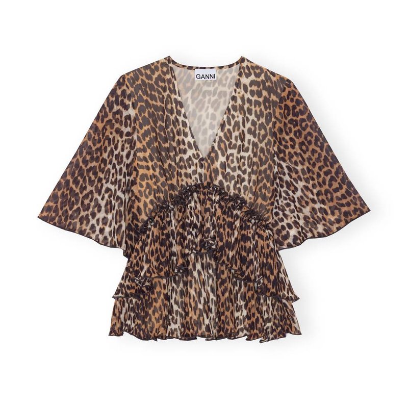 Ganni Leopard Print V-necked Blouse In Brown