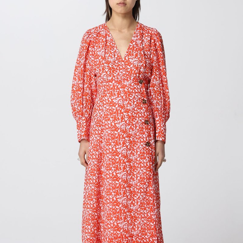 Shop Ganni Women Midi Dress Printed Crepe Mini Floral In Orange