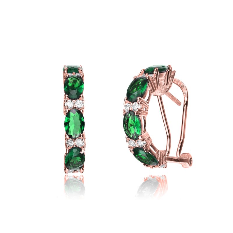 Genevive 18k Rose Gold Plated With Emerald & Diamond Cubic Zirconia Half Hoop Earrings In Sterling Silver In Green