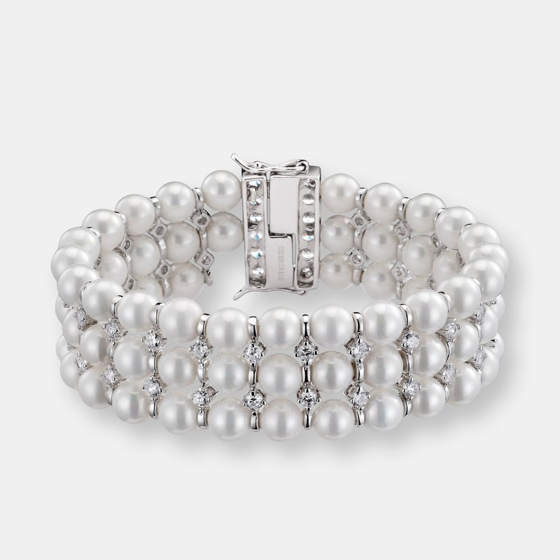 Genevive .925 Sterling Silver Cubic Zirconia And Three Row Pearl Bracelet