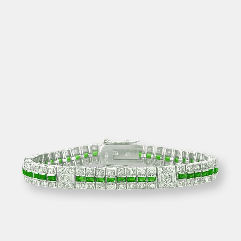 Genevive Sterling Silver Emerald Cubic Zirconia Stripe Bracelet In Green