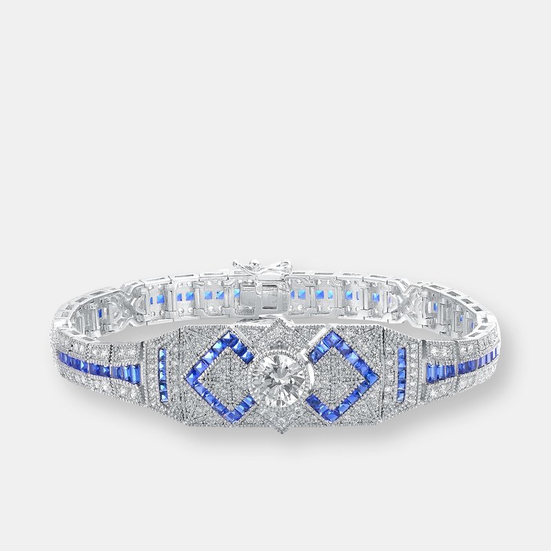 Genevive .925 Sterling Silver Sapphire Cubic Zirconia Link Bracelet In Blue