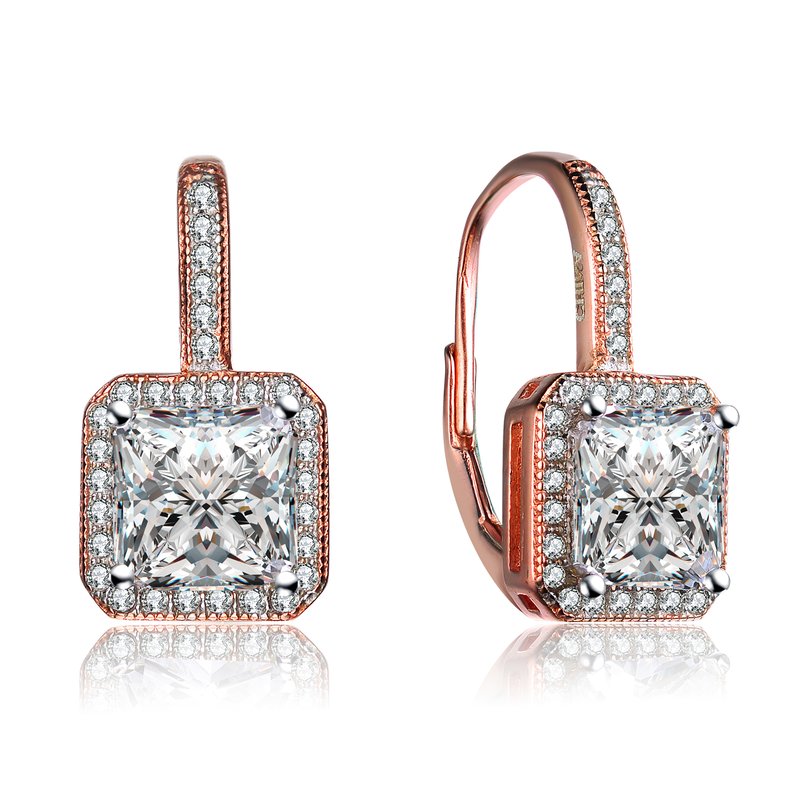 Genevive Cubic Zirconia Sterling Silver Gold Plated Square Stud Earrings In Pink