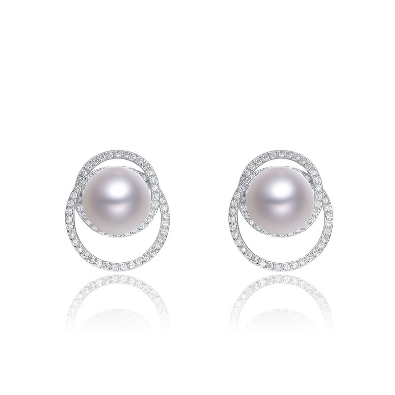 Genevive Cubic Zirconia Sterling Silver Rhodium Plated Round Pearl Earrings In Grey