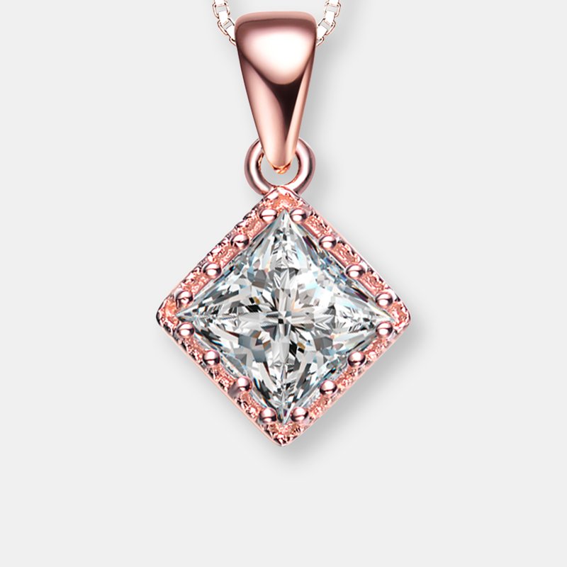 Genevive C.z. Rose Plated Sterling Silver Square Shape Stud Style Pendant In Pink