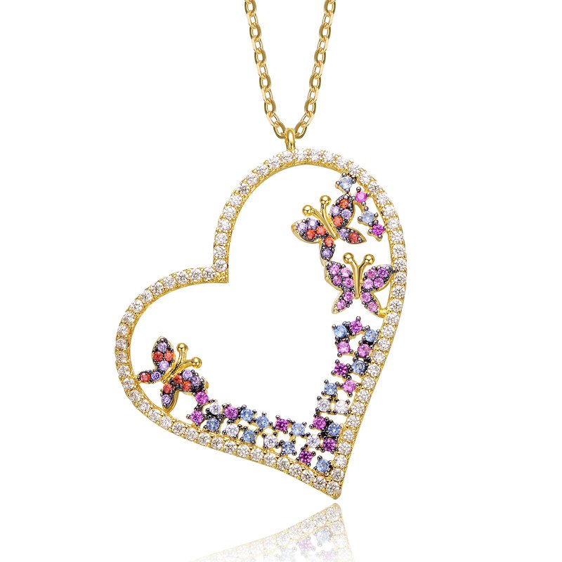 GENEVIVE GENEVIVE STERLING SILVER 14K GOLD PLATED MULTI COLORED CUBIC ZIRCONIA HEART NECKLACE
