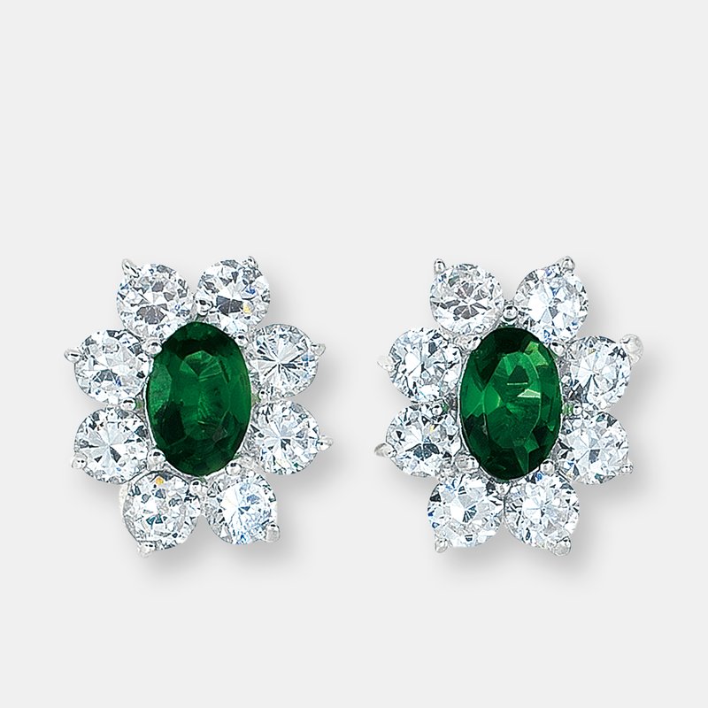 Genevive Sterling Silver Emerald Cubic Zirconia Flower Stud Earrings In Green