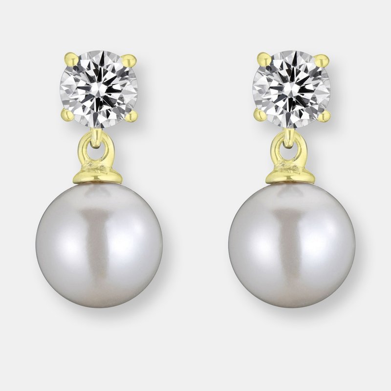 Genevive Sterling Silver Gold Plated Pearl And Cubic Zirconia Drop Earrings