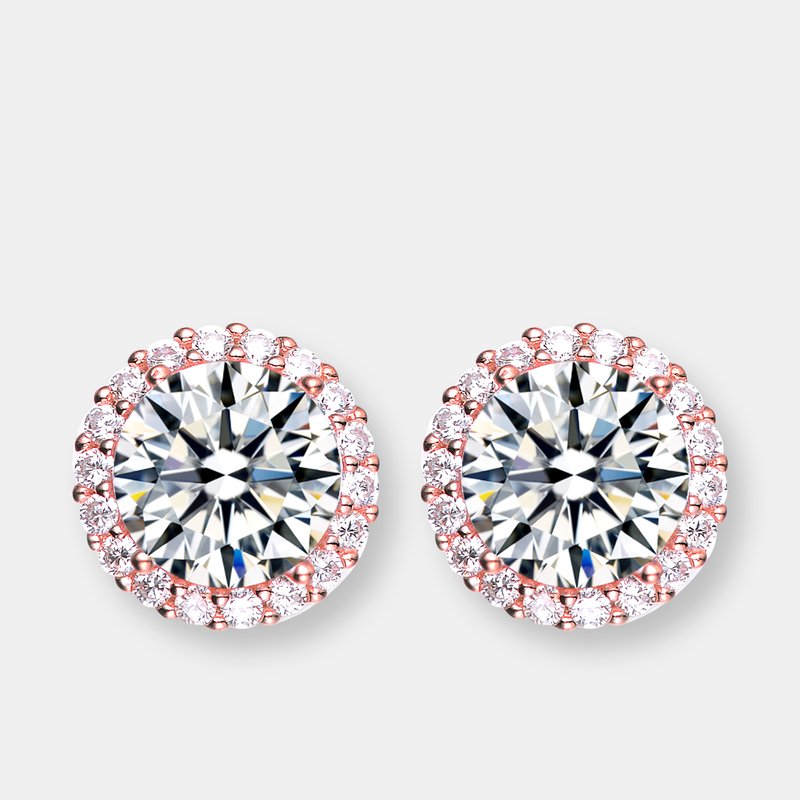 Genevive Sterling Silver Rose Gold Plated Cubic Zirconia Button Stud Earrings In Pink