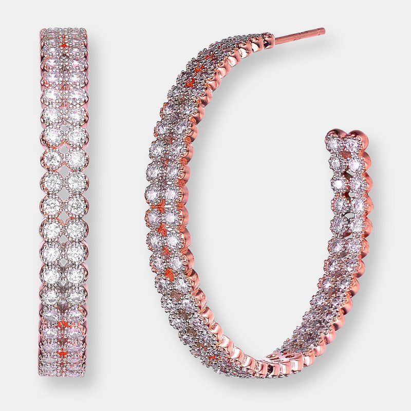 Shop Genevive Sterling Silver Rose Gold Plated Cubic Zirconia Open Hoop Earrings In Pink