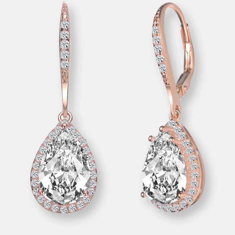 Genevive Sterling Silver Rose Gold Plated Cubic Zirconia Pear Drop Earrings In Pink