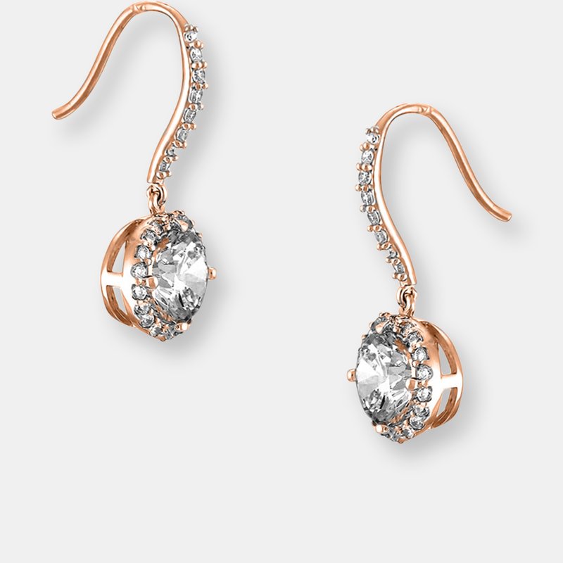 Shop Genevive Sterling Silver Rose Gold Plated Cubic Zirconia Round Euro Drop Earrings In Pink