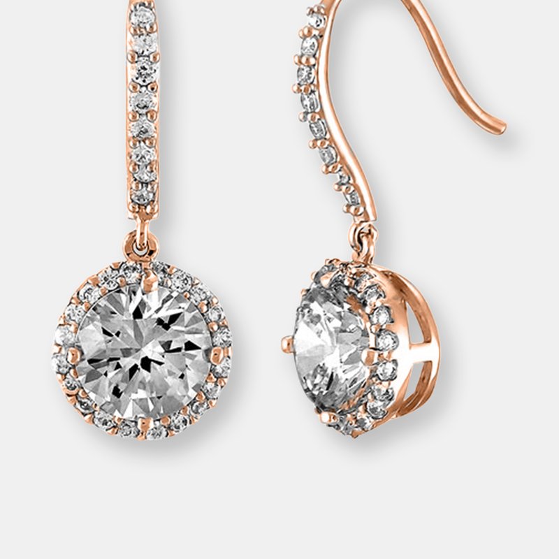 Shop Genevive Sterling Silver Rose Gold Plated Cubic Zirconia Round Euro Drop Earrings In Pink