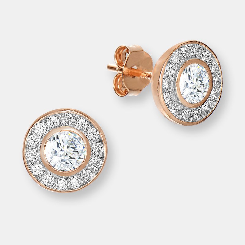 Shop Genevive Sterling Silver Rose Gold Plated Cubic Zirconia Round Stud Earrings In Pink
