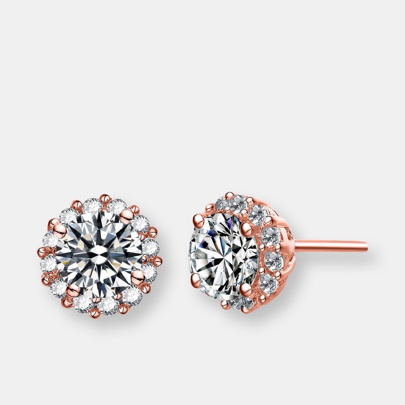 Genevive Sterling Silver Rose Gold Plated Cubic Zirconia Round Stud Earrings In Pink