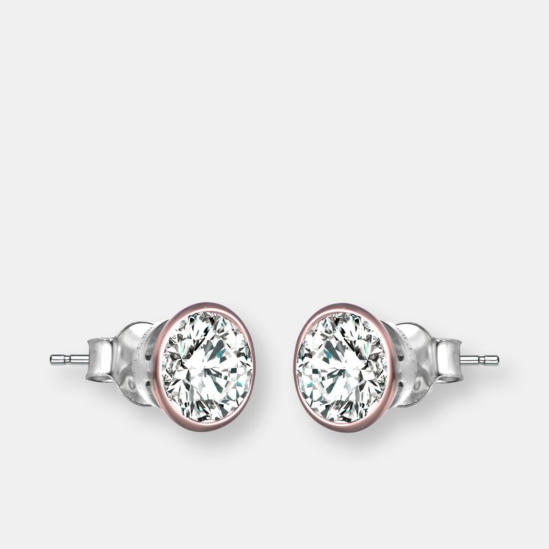 Shop Genevive Sterling Silver Rose Gold Plated Cubic Zirconia Stud Earrings In Pink