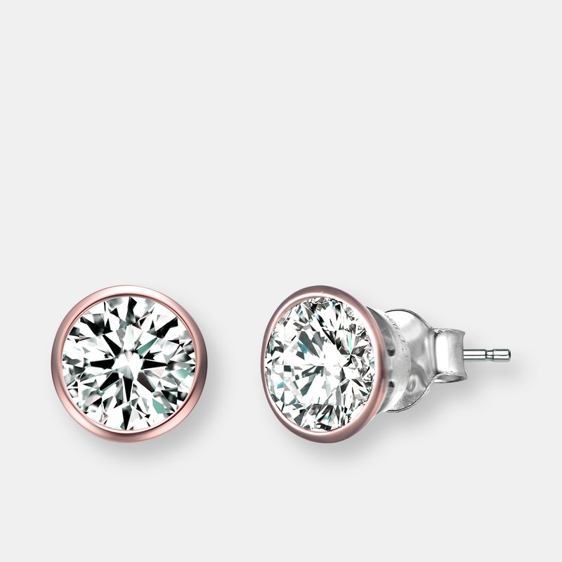 Shop Genevive Sterling Silver Rose Gold Plated Cubic Zirconia Stud Earrings In Pink