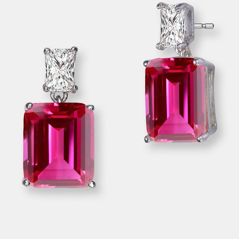 Genevive Sterling Silver Ruby Cubic Zirconia Rectangle Stud Earrings In Pink