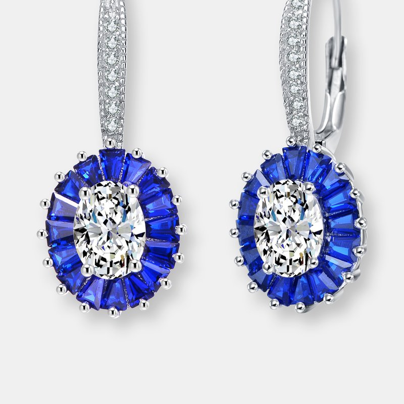 Genevive Sterling Silver Sapphire Cubic Zirconia Leverback Earrings In Blue