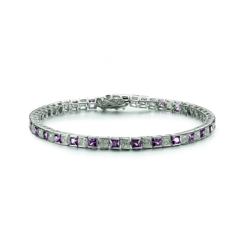 Genevive Sterling Silver With Amethyst And Diamond Cubic Zirconia Square Link Tennis Bracel In Purple