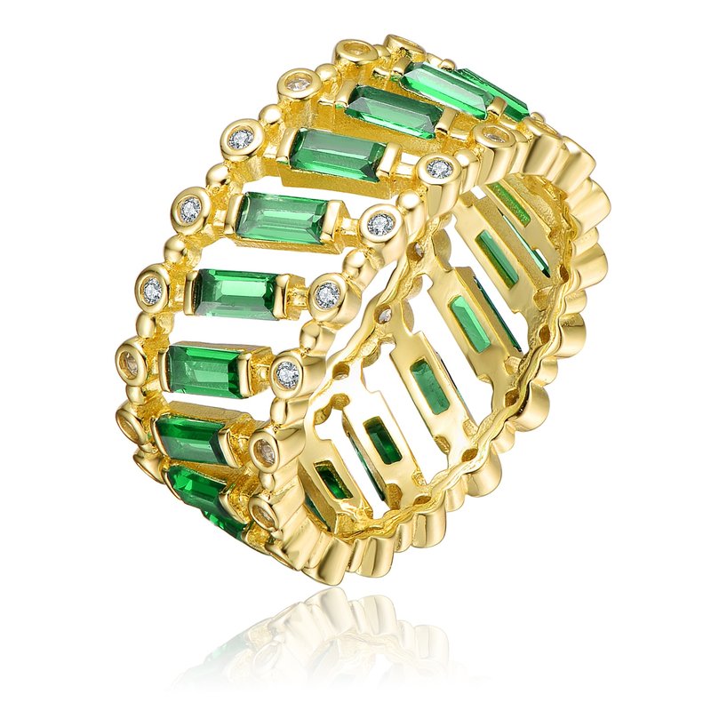 Shop Genevive Gv Sterling Silver 14k Yellow Gold Plated With Emerald & Baguette Eternity Band Ring In Green