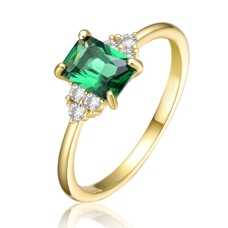 Genevive Sterling Silver 14k Yellow Gold Plated With Emerald & Cubic Zirconia Solitaire Cluster Anniversary E In Green
