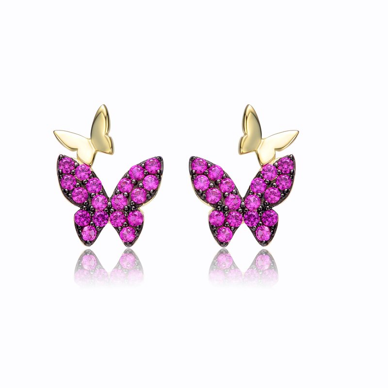 Shop Genevive Gv Sterling Silver 14k Yellow Gold Plated With Ruby Cubic Zirconia Double Butterfly Drop Earrings In Purple