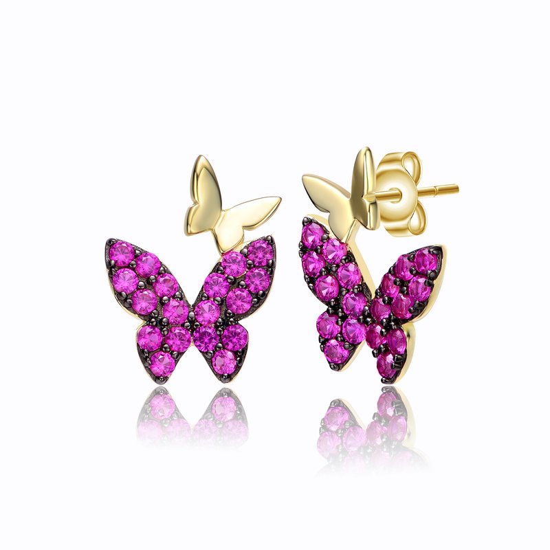 Shop Genevive Gv Sterling Silver 14k Yellow Gold Plated With Ruby Cubic Zirconia Double Butterfly Drop Earrings In Purple