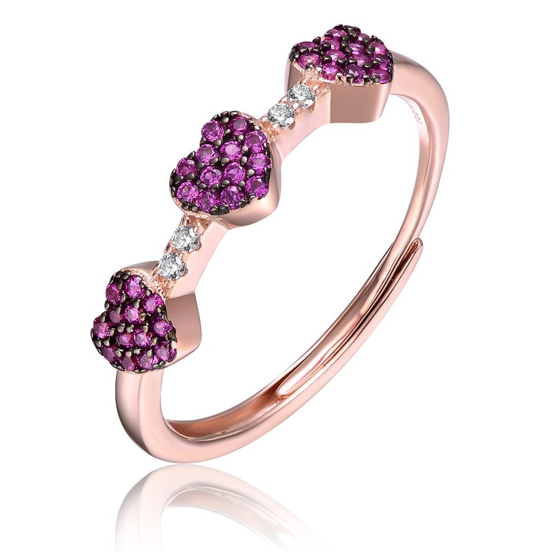 Genevive Gv Sterling Silver 18k Rose Gold Plated With Ruby & Cubic Zirconia Pave Hearts Promise Stacking Ring In Red