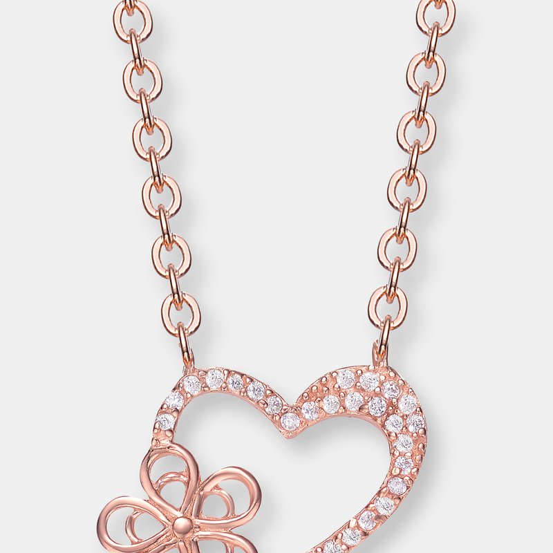 Shop Genevive Rose-plated Sterling Silver Cubic Zirconia Heart And Flower Shape Necklace In Pink