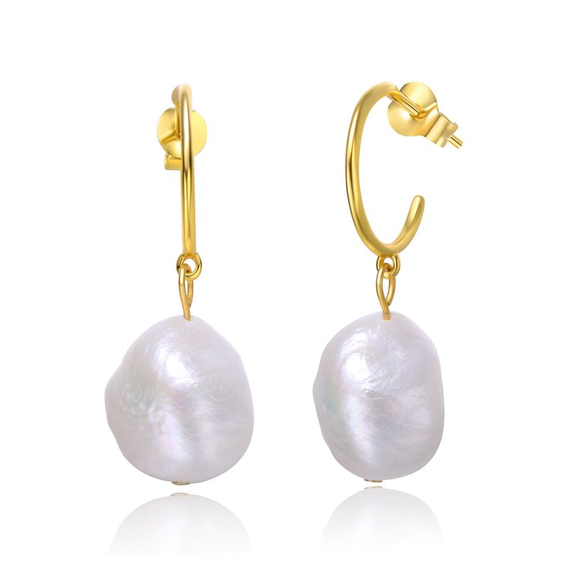 Shop Genevive Sterling Silver 14k Yellow Gold Plated With Baroque Oval White Pearl Dangle Drop C-hoop Earrings