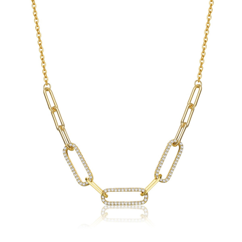 Genevive Sterling Silver 14k Yellow Gold Plated With Cubic Zirconia Elongated Cable Link Chain Necklace