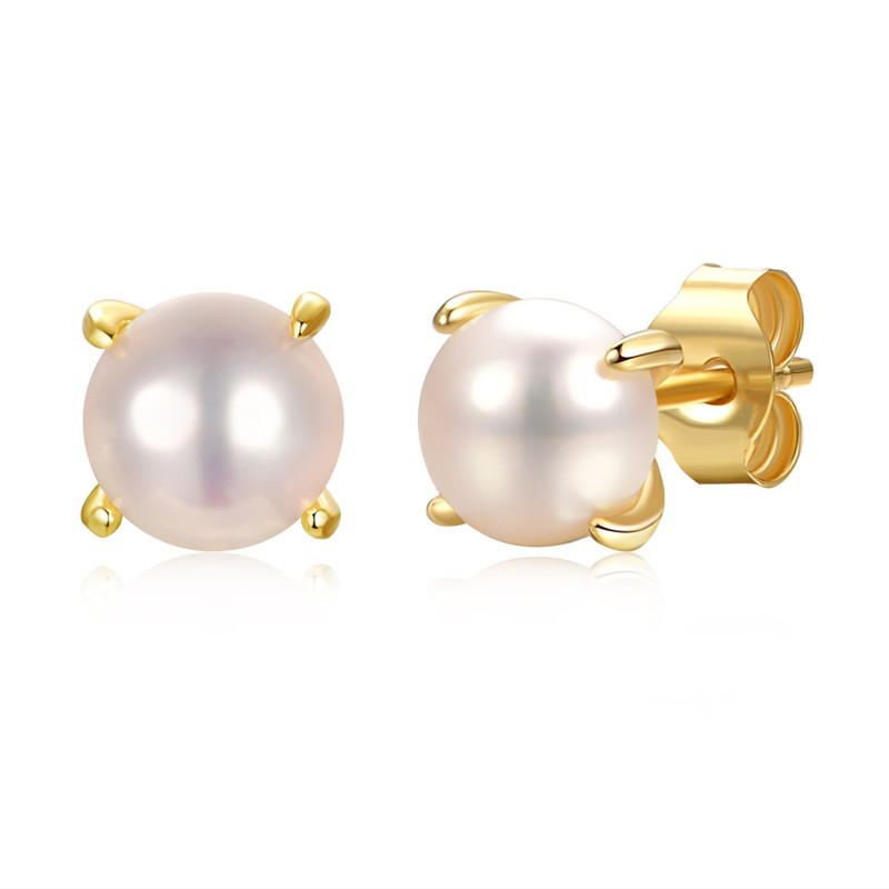 Genevive 14k Gold Plated Round White Pearl Solitaire Stud Earrings In Sterling Silver