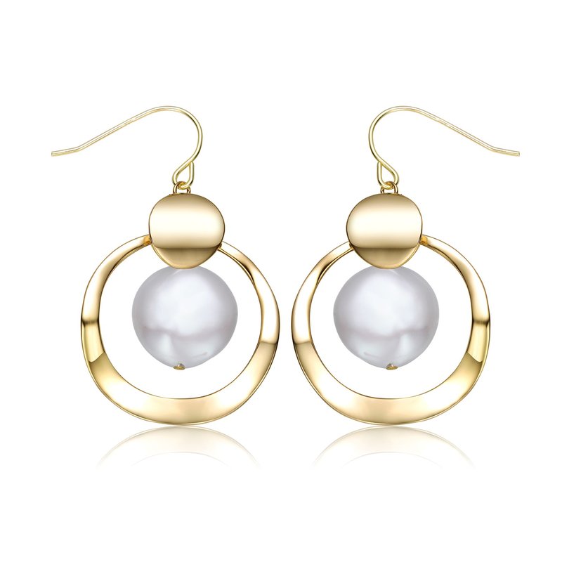 Genevive Sterling Silver 14k Yellow Gold Plated With White Pearl Concentric Halo Dangle Drop Earring