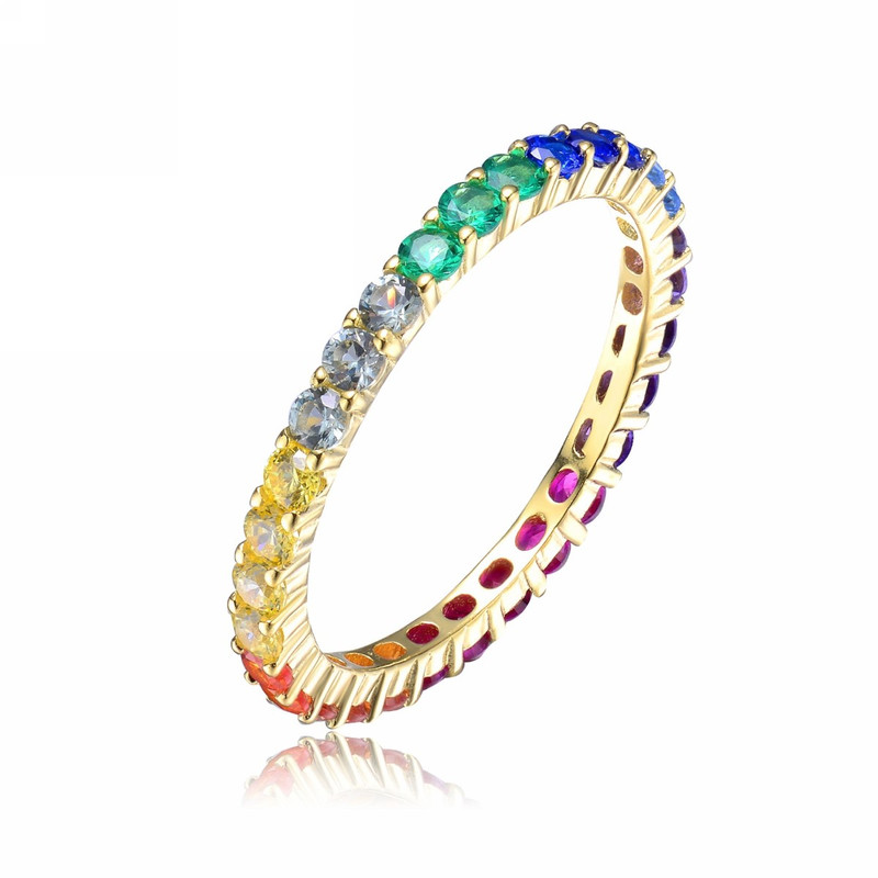 Genevive Sterling Silver 14k Gold Plating Cubic Zirconia Multicolored Eternity Ring In Blue