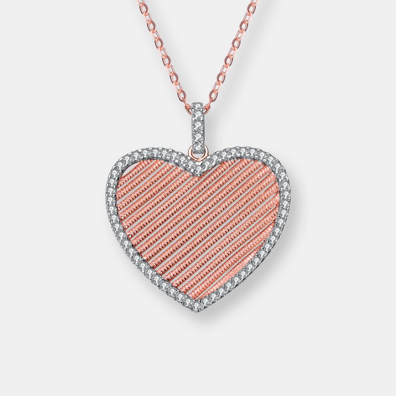 Genevive Sterling Silver And Rose Gold Plated Heart Pendant Necklace In Pink