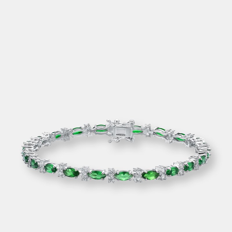 Genevive .925 Sterling Silver Clear And Green Cubic Zirconia Tennis Bracelet