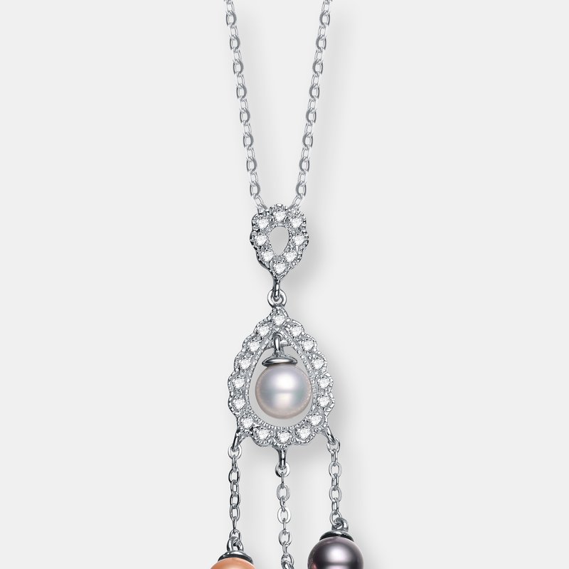 Shop Genevive Sterling Silver Cubic Zirconia Yellow White And Black Cultured Pearl Dangling Pendant Necklace In Orange